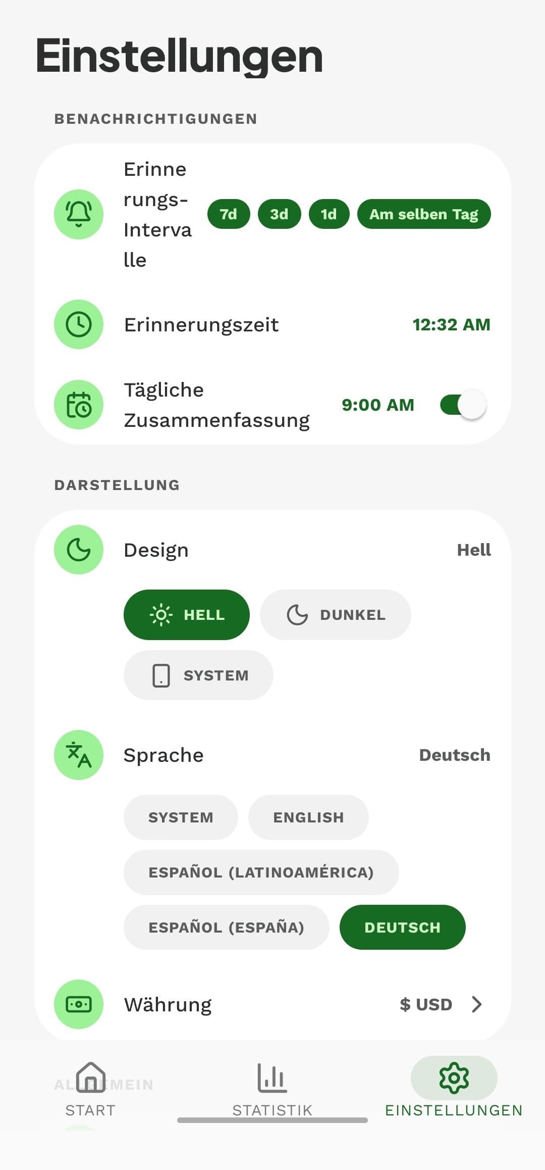 Einstellungen — ohne Konto