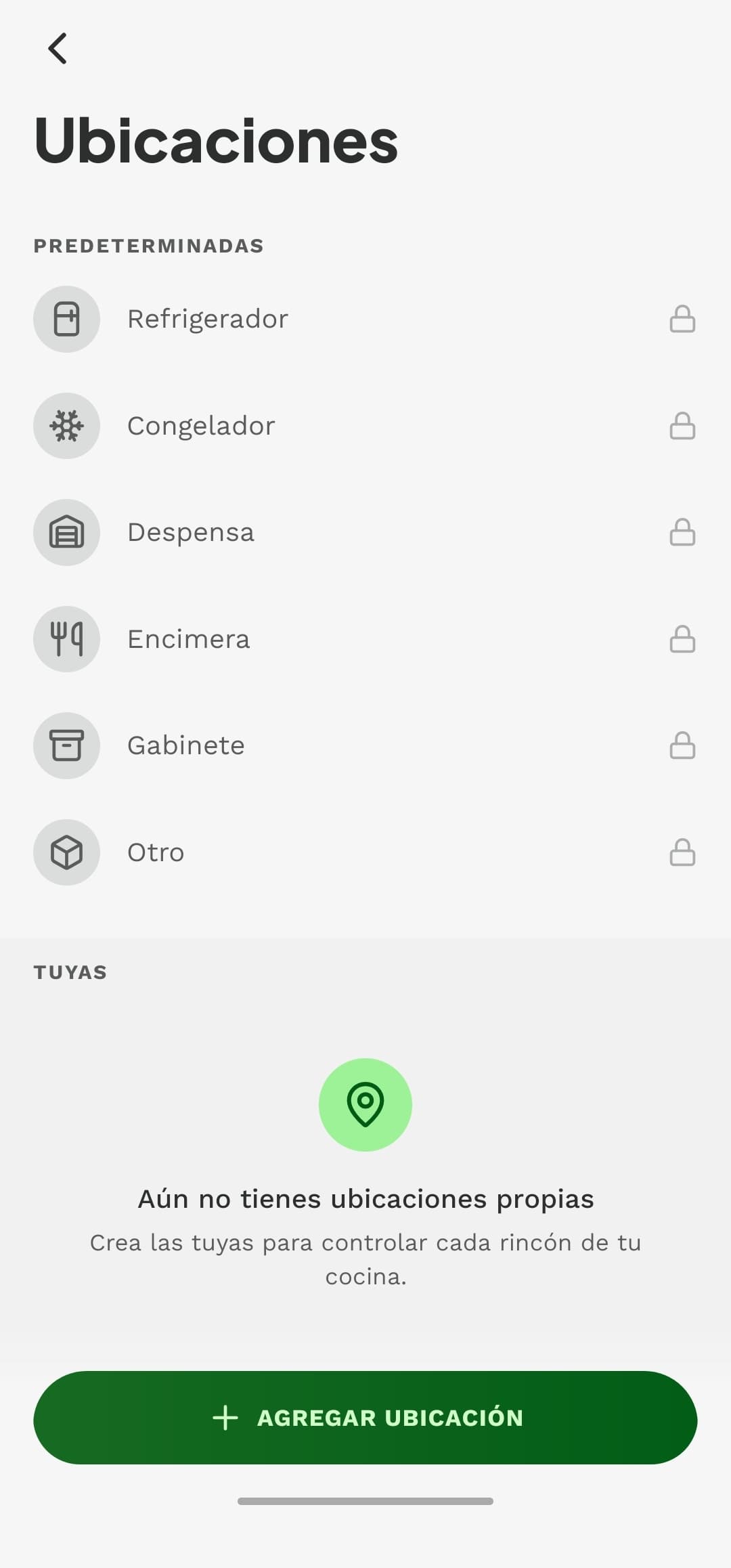 Ubicaciones: refrigerador, congelador y alacena