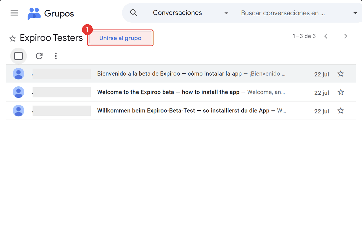 La página del grupo de testers de Expiroo con el botón de unirse resaltado