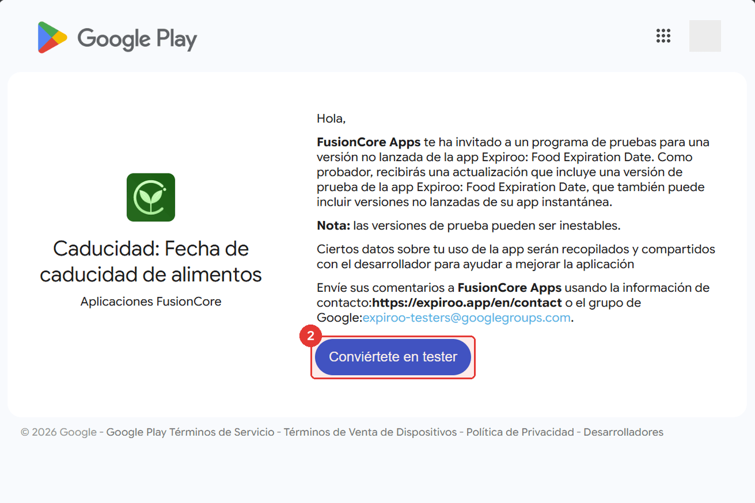 La página de pruebas de Google Play para Expiroo con el botón de convertirse en tester resaltado