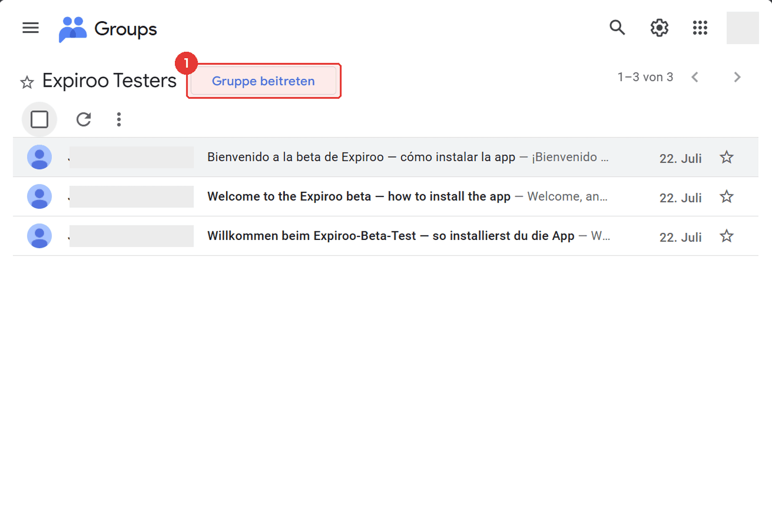 Die Seite der Expiroo-Testergruppe mit hervorgehobenem Beitreten-Button