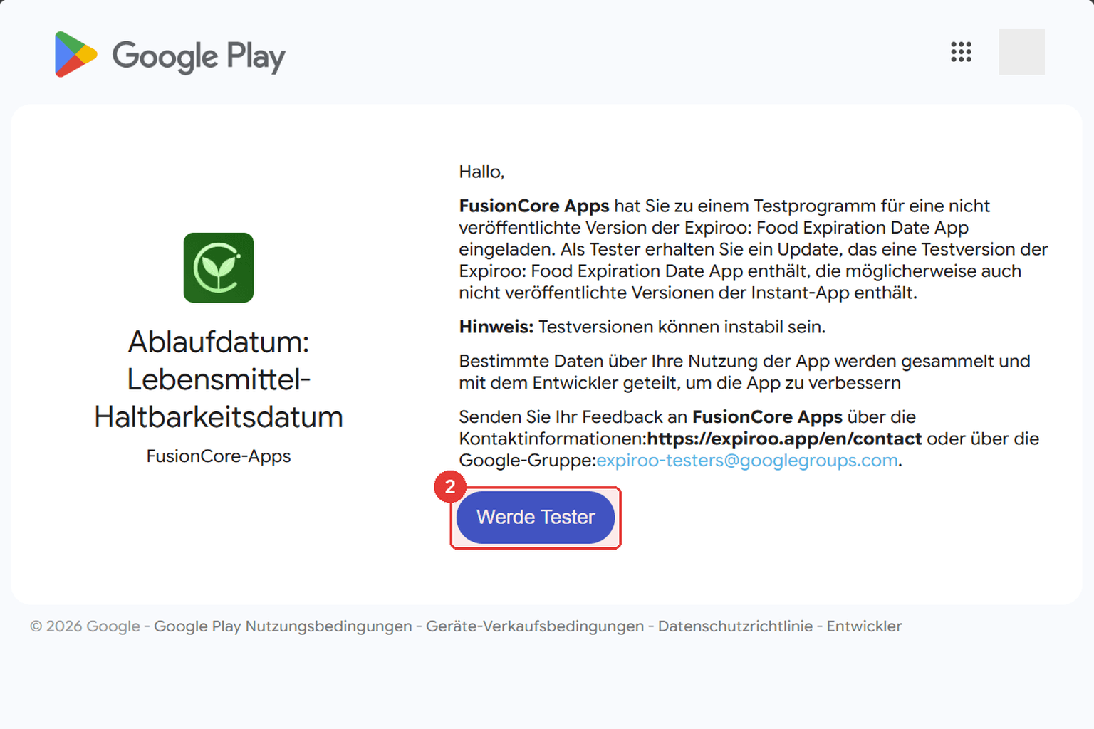 Die Google-Play-Testseite für Expiroo mit hervorgehobenem Tester-werden-Button