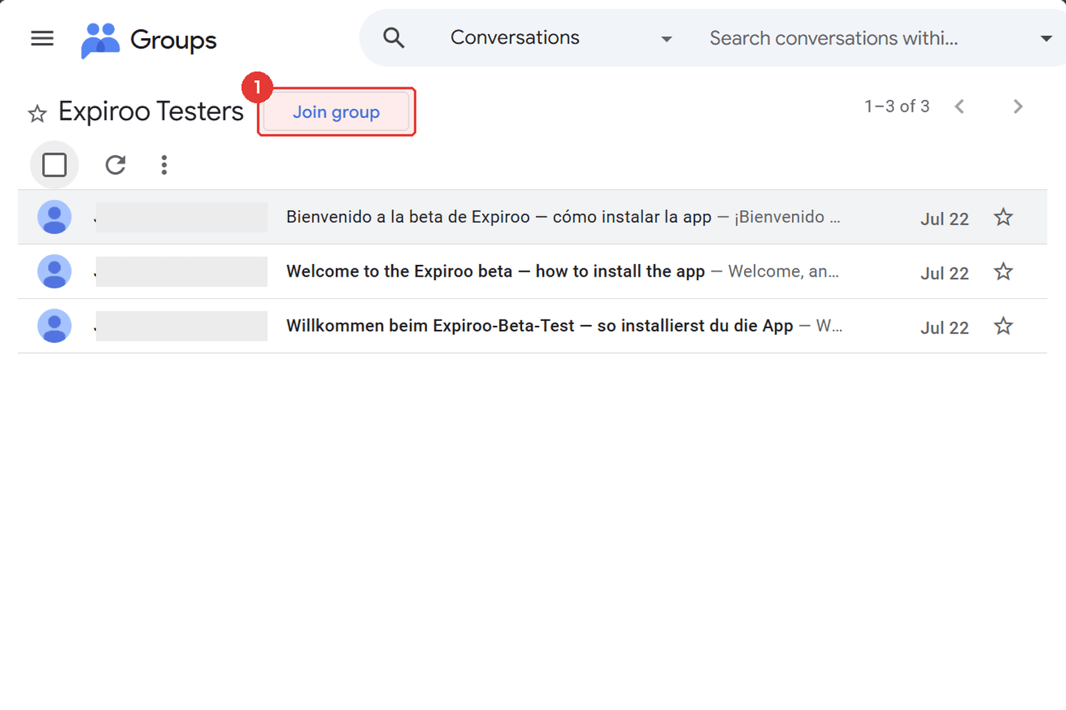 The Expiroo Testers group page with the join button highlighted