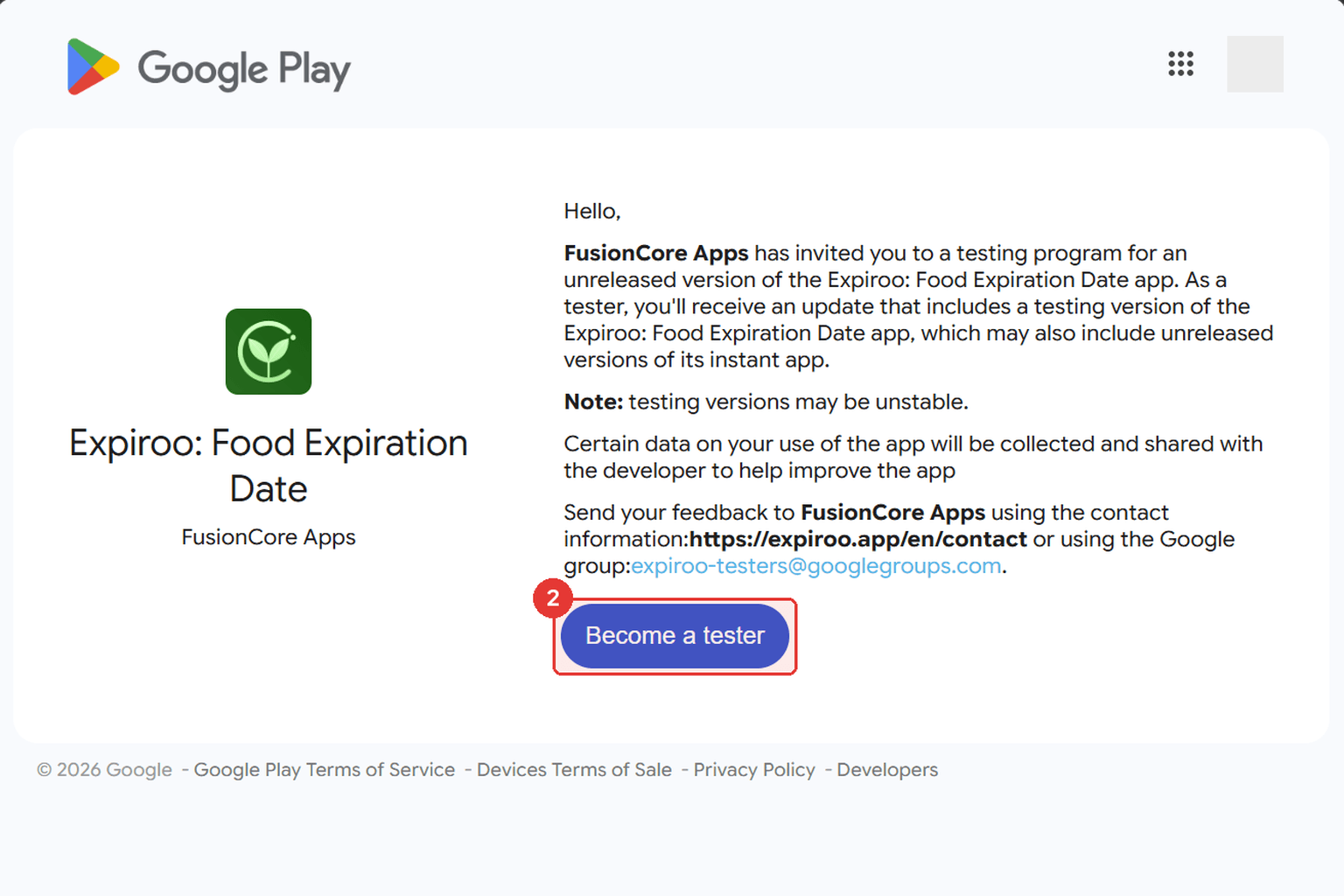 The Google Play testing page for Expiroo with the become-a-tester button highlighted